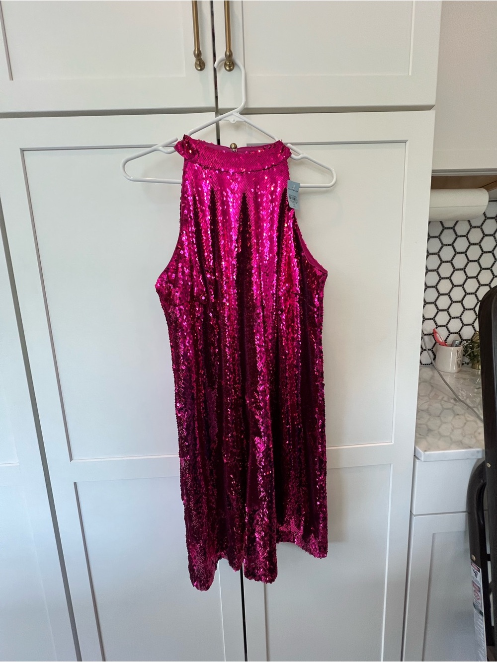 Ann Taylor Petite Fuschia Sequin Halter Mini Dress